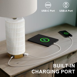 PoKat Small Bedside Table Lamps with USB Ports for Bedroom, 21.5'' White Nightstand Lamps for Night Stands, Modern Ceramic Bedroom Lamps for Living Room End Table, White and Beige