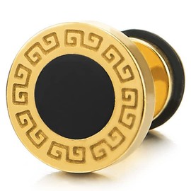 8mm Mens Gold Circle Stud Earrings Steel with Pattern and Black Enamel