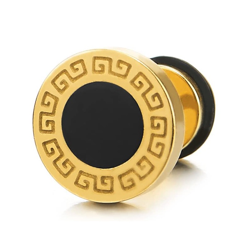8mm Mens Gold Circle Stud Earrings Steel with Pattern and