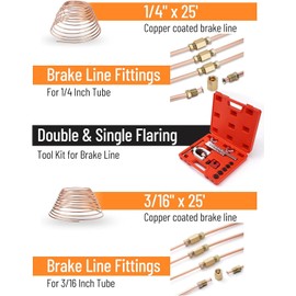 Racewill 25 ft 1/4" + 3/16" Copper Coated Brake Line Kit (Includes 32 Fittings and 8 Unions) + Tube Bender + Brake Line Double & Single Flaring Tool Kit