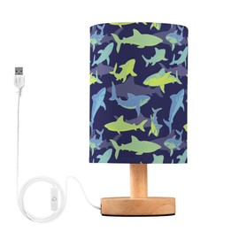YYZZH Table Lamp Shark Underwater Pattern Nightstand Lamp with Wood Base Fabric Lamp Shade Bedside Desk Lamp for Living Room Bedroom Kids Room Office