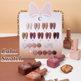 JR 9 Colors 0.5oz Gel Nail Polish Set Bow Bottle Design Including Red Pink Nude Gel Polish Kit UV LED Soak Off Polish Home DIY Gift C Brown Series