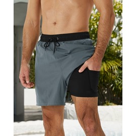 SILKWORLD Mens Swimming Trunks with Compression Liner 2 in 1 Quick-Dry Bathing Suits with Zipper Pockets,Black Grey,XX-Large
