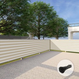 Patio 3' x 12' Balcony Privacy Screen Apartment Railing Covers Fence Panels for Outdoor, Temporary Fencing for Porch Deck Backyard Net Mesh with Zip Ties, Beige White Stripe