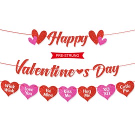 Vikiyama Happy Valentines Day Banner, Valentine’s Day Decorations for Party, Glittery Heart Valentines Day Garland Decor, Red and Pink