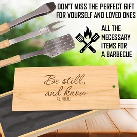 Psalms 46:10 BBQ Tool Set: Scripted "Be Still, and Know" on Premium Stainless Steel Spatula, Tongs & Fork, Peaceful Reminder for Cooking, Engraved Box for Spiritual Reflection