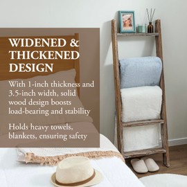 MyGift Decorative Ladder Shelf, 4.5 Foot Wall Leaning Wooden Towel Blanket Ladder Storage Rack for Bathroom or Living Room, Torched Brown Wood