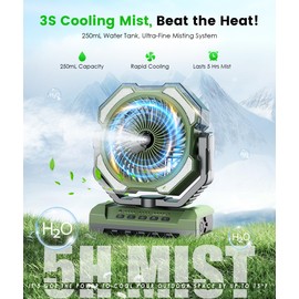 Camping Misting Fan - Portable Rechargeable Fan with 9oz Tank, Light, Hook - Battery Power 120H MAX Working, Fast Cooling, 4 Speed, Timer, Sleep Mode, for Outdoor, Travel, Patios, Beach