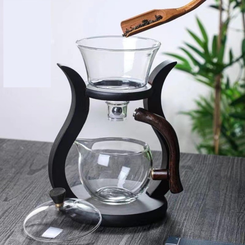 Lazy Kungfu Drip Teapot Magnetic Semi-Automatic Glass Teapot Wooden Glass