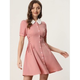 Allegra K Women's Vintage Peter Pan Collar Lace Up Button Down A Line Dress Medium Pink
