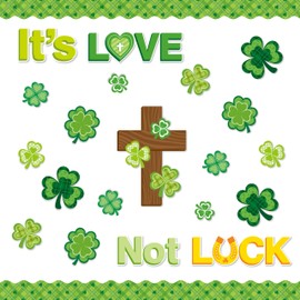 102Pcs St. Patrick's Day Christian Bulletin Board Set Shamrock and God Cross Cutout It's Love Not Luck Name Tags for St. Patrick's Day Faith Religious Sunday School Church Chalkboard Wall Decor