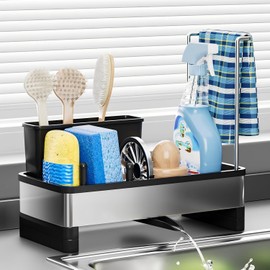 Soporte para Fregadero de Acero Inoxidable Ewaiira, Soporte para esponjas para Fregadero de Cocina con Soporte de cepillos y toallero, Organizador de Fregadero para encimera, dispensador de jabón