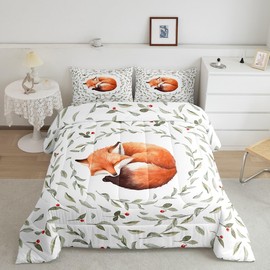 Manfei Lovely Fox Comforter Set Queen Size, Cartoon Animal Theme Quilt Set with 2 Pillowcases, Botanical Floral Leaves Print Bedding Set 3pcs for Kids Boys Girls Bedroom Decor