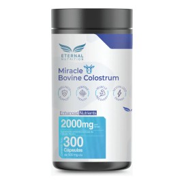 MIRACLE BOVINE COLOSTRUM 300 capsulas (2000 mg por porcion), 50% IgG Inmunoglobulinas de Calostro Bovino, Alimento Natural, by Eternal Nutrition