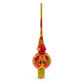 Luxurious Crimson Red with Golden Glitter Glass Christmas Tree Topper