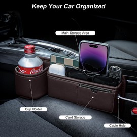 Pcnjozx 2 PACK Car Seat Gap Filler Organizer with Cup Holder, Universal Fit Soft Leather Box Storage, Automotive Accessories Necessities for Phones Keys Sunglasses Cards, Brown