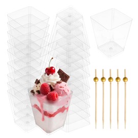 NYTGAH 50 Packs Square Appetizer Cups with 100PCS Bamboo Stickers for Party,Clear Plastic Charcuterie Cups with Sticks Suitable for Fruit, Snack, Dessert,Parfait(Clear)