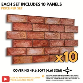 3D Faux Brick Wall Panels 37.8’’ x 18.9’’ - 10 Sheets, Covers 4.6 sqm / 49.6 sq ft - Decorative Artificial PVC Wall Panels for Cladding - Kitchen, Living Room, Bedroom, Office - Reddish Brown Brick