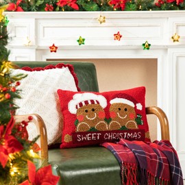 Glitzhome Hooked Gingerbread Boy & Girl Pillow Christmas Throw Pillows Cushion for Living Room Bed 18" Lx12 H
