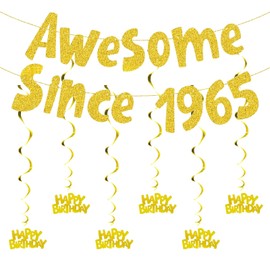 Bettinay 60th Birthday Decorations, Awesome Since 1965 Gold Glitter Banner for Men Woman Birthday Party