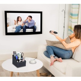 MoonSing Tv Remote Control Holder Organizer Box with 3 Compartment, PU Leather Office Desk Pen Holder, Desktop Storage Caddy for Makeup Brush, Pencil, Glasses and Media Accessory