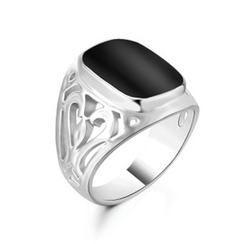 Star Jewelry Signet Pinky Ring with Black Square Enamel 18K Gold Plated for Men and Women Size 6-14, enamel