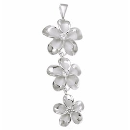 Arthur's Jewelry 925 Sterling silver rhodium plated Hawaiian 3 plumeria flower cz dangle pendant large