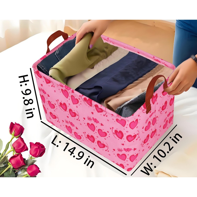 BOOHIT Pink Valentines Day Basket Large Foldable Heart Shaped Storage