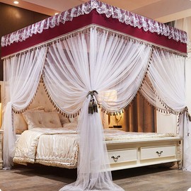 SCMTY Princess 4 Corner Post Bed Canopy & Cute Mosquito Net for Girls Bed Adult Bedroom Kids Rooms ; Curtain Net for Twin/Full/Queen/King Size Bed (Solid-Wine Red, King)