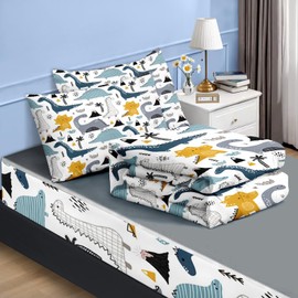 Nesker Zipper Bedding Twin Cute Dinosaur Zip Up Bedding Set for Boys and Kids, Blue Grey Yellow Dino 3 Pcs Comforter Bed in a Bag with Fitted Sheet and 2 Pcs Pillowcases