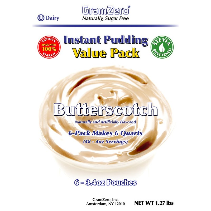 GramZero Butterscotch Sugar Free Pudding Mix 6-Pack, Great For Nutrition