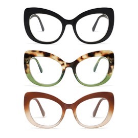 AMOMOMA 3 Pack Stylish Oversized Cat Eye Reading Glasses for Women Fashion Readers Blue Light Square Computer Glases AM6077 C1+C2+C4 0.0