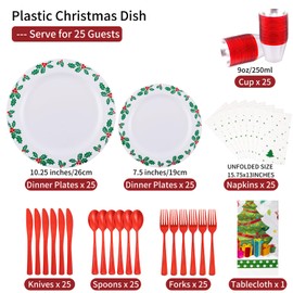 Gather 176Pcs Christmas Plastic Plates - Green Christmas Plates Disposable and Red Cutlery Set Includes 50 Plates 75 Plastic Silverware 25 Cups 25 Napkins and 1 Tablecloths for Christmas Party