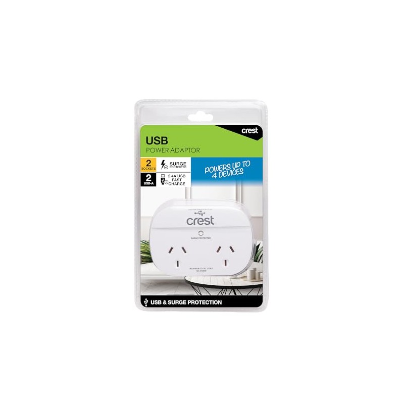 Crest Power Adaptor 2 Socket 2 USB Surge Protected