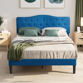 VECELO Full Size Platform Bed Frame with Fabric Upholstered Headboard and Wooden Slats Support, No Box Spring Needed/Easy Assembly,Blue