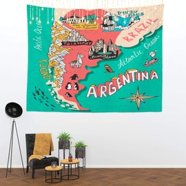 Shrahala Map of Argentina Tapestry Wall Hanging for Kids Student, Travel Cartography America Andes Cartoon Building Educational Tapestry for School Classroom Dorm Room Bedroom 51.2" L x 59.1" W,Red