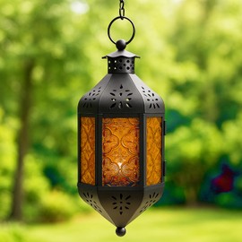 Vela Lanterns 11.5" Hanging Moroccan Decorative Candle Lantern Lamp – Indoor/Outdoor Tea Light Candle Holder for Patio, Porch, Ramadan or Home Decor, Amber Orange
