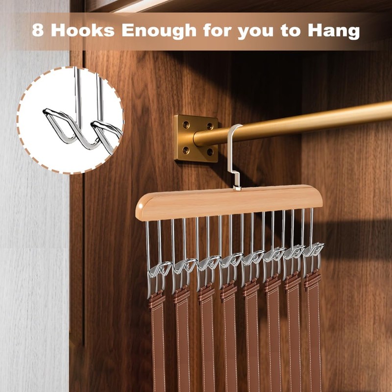 Closet Belt Hanger, 2 Pcs Wooden Sturdy 8-Hook Belt Holder,