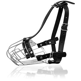 Dog Chrome Metal Muzzles Wire Basket Adjustable Leather Straps (№4) Circumference is 14.in, Length is 5.1in