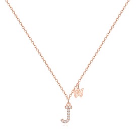 MJartoria Dainty Initial Necklace Butterfly Pendant Necklace, 14K Gold Plated Cubic Zirconia Letter Dainty Necklaces Jewelry Birthday Gifts for Women (Rose Gold, J)