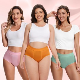 ToVii Women's Plus Size Period Underwear Heavy Flow Washable Leak Proof Underwear High Waist Period Panties Black+Orange+Pink 2XL 5-Pack-01
