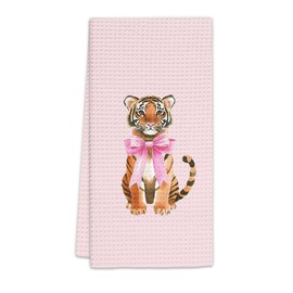 FIicy Pink Tiger Decor Hand Towels, Pink Preppy Coquette Kitchen Towels, PinkBow Tiger Preppy Decorative Hand Towels for Bathroom Kitchen, PinkPreppy Tigers Coquette Bathroom Decor(16x24 Inch)