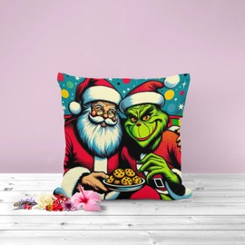 The Beach Stop Pop Art Father Christmas and The Grinch Accent Cushion Cover | Colourful Home Decor Gift Idea | 45x45cm 18x18” | Santa & Grinch