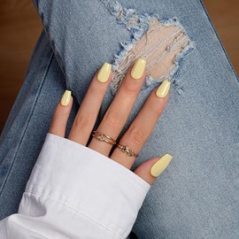 KQueenest Uñas Postizas Cortas De Color Amarillo Claro - Uñas Acrílicas Tipo Ataúd, Transparentes Y Opacas, Con Pegamento, Reutilizables, Estilo Baila