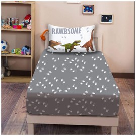 VELVETIO Dinosaur Fitted Sheet Single with Pillowcase, Soft Breathable Printed Kids Bedding, Hypoallergenic Wildlife Animal Bed Sheets for Boys & Girls, Multi