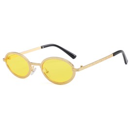 Long Keeper Oval Sunglasses Gold Rim Texture Metal Small Round Sunglasses Retro Oval Funky Festival Party Glasses Fancy Dress Costume Eyewear for Women Men (Gold Frame - Yellow Lens)
