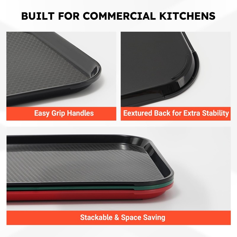 6 Pack Fast Food Serving Trays with Side Handles, 17"