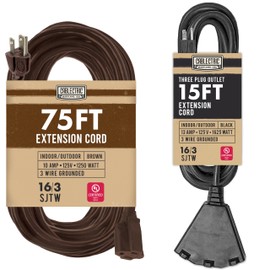 Cablectric Brown Outdoor Extension Cord 75ft, 16/3 SJTW Weatherproof Heavy Duty Exterior Power Cable with 3 Prong & 3 Outlets Black Extension Cord 15ft, 16/3 SJTW Multiple Outlets - American Owned