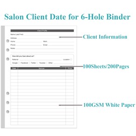 Stylist Binder Insert Cards for A5 Binder - 6-Hole Client Profile Cards for Hair Stylist, Salon, Spa, Hairdresser, 100 Sheets/200 Pages Business Data Client Card, 5.8''×8.3''