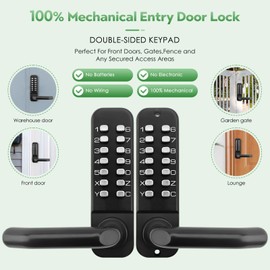 ANNFUZ Mechanical Keyless Entry Door Lock with Keypad,Double-Sided Combination Opening Door Handle,Interior Exterior Push Button Passcode Front Door Lever Set,for Gate,Fence,No Battery(Matte Black)